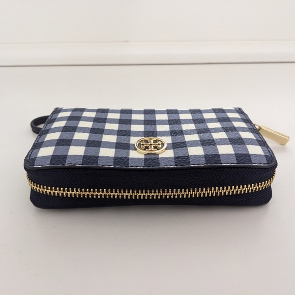 EUC! Tory Burch Navy Blue Checkered Robinson Wristlet Wallet - Picture 4 of 14